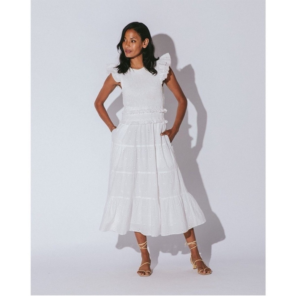 Cleobella Emmy White Eyelet Embroidered Ruffle Smocked Cotton Midi Dress Size M - Picture 3 of 9
